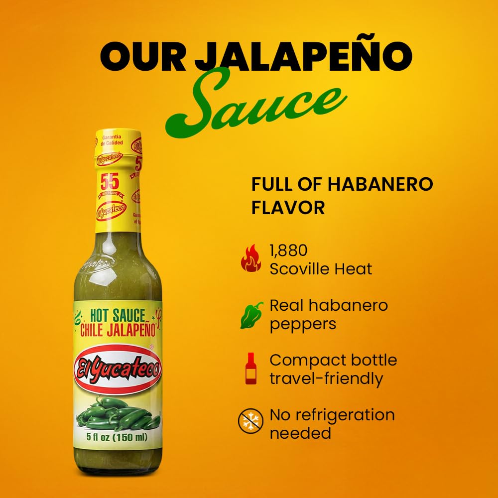 El Yucateco Jalapeño Hot Sauce, Authentic Mexican Green Jalapeño Pepper Sauce, Mild Heat, 5 fl oz, Pack of 2