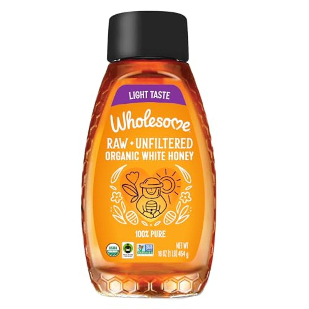 Wholesome Sweeteners 16-Ounce Organic Raw Unfiltered White Honey Bottle, 100% Pure, Fair Trade Certified, Non GMO Project Verified, & Gluten Free Sweetener, 1 Pack