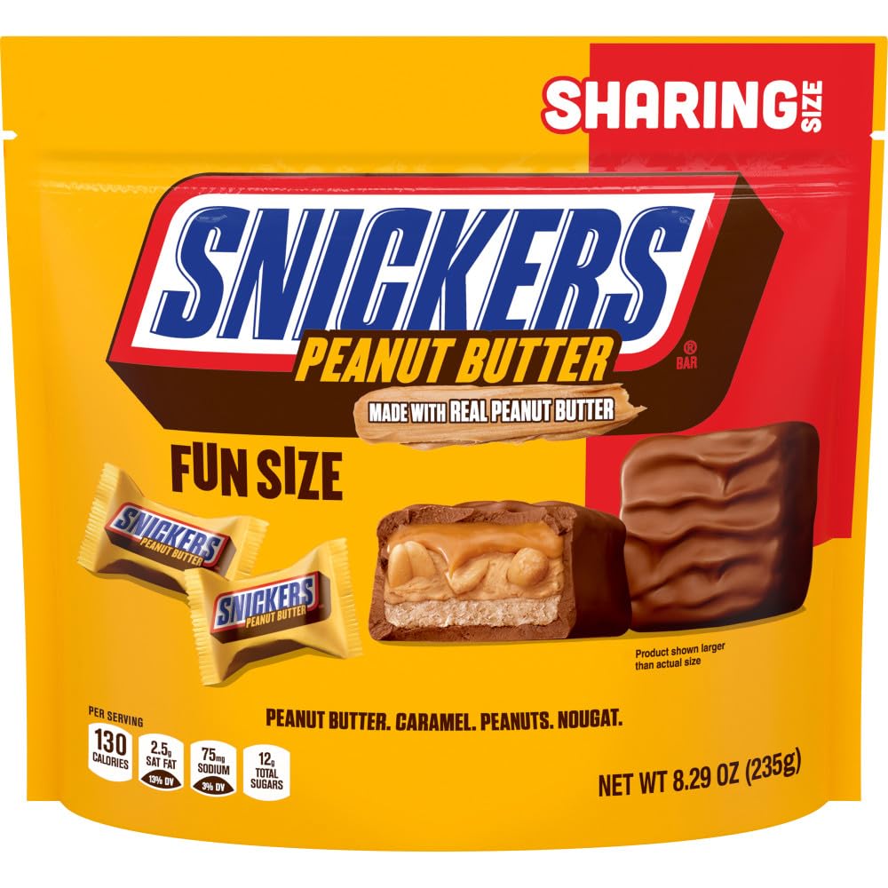 SNICKERS Fun Size Peanut Butter, Caramel & Peanuts Milk Chocolate Bars Individually Wrapped Candy Bars, Sharing Size, 8.29 Oz Bag