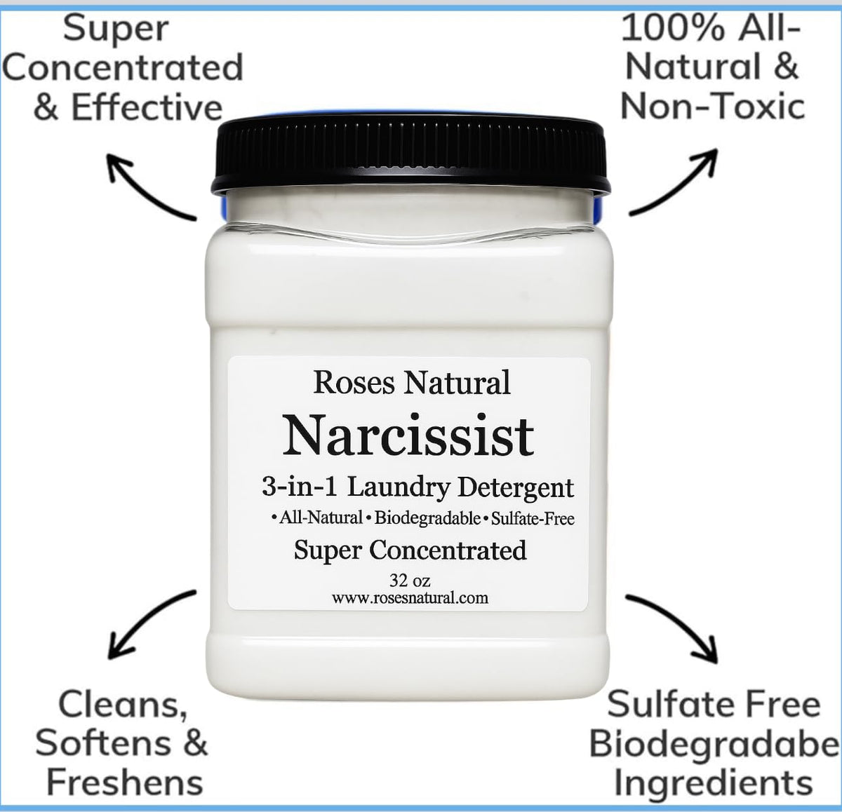Narcissist 3-in-1 Laundry Detergent, Super Concentrated, All-Natural, Sulfate-Free, 32 oz, Plant-based, Non-Toxic, Sensitive-Skin Approved, Made in