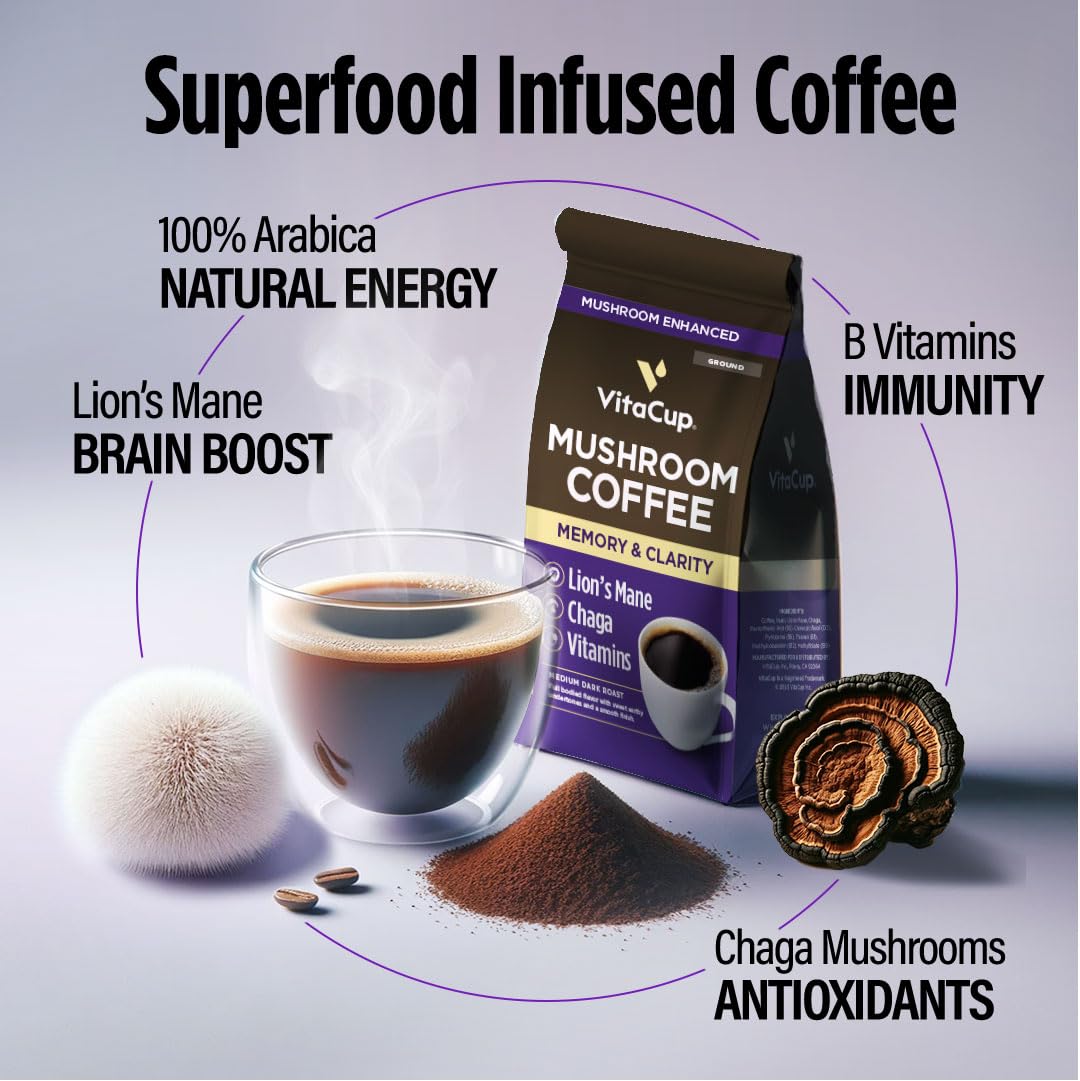 VitaCup Mushroom Coffee Grounds, with Lions Mane, Chaga, B Vitamins, D3, Boost Focus, Immunity, Memory & Clarity, Medium Dark Roast, Bold & Smooth