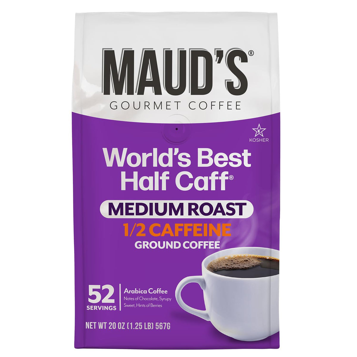Maud's Half Caff Medium Roast Ground Coffee, 1 Bag, (20oz), 100% Arabica Coffee, 52 Servings