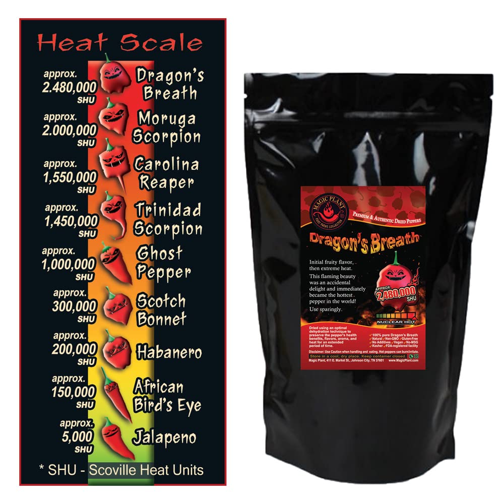 Magic Plant Dragon's Breath Pepper Flakes - 1 Lb / 16 oz (Bulk) Intensely Hot Red Crushed Chili - 1.2M to 2M+ SHUs, No Additives Bulk