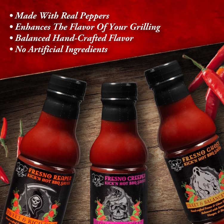 Tony Pigg's Kick'n Hot BBQ Sauce Gift Set (3pk, 19oz ea- Fresno Reaper, Ghost, Creeper)- Hand Crafted Barbecue Sauces w Fresh Pepper Heat- Great