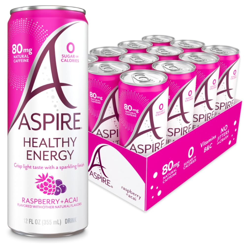 ASPIRE® Raspberry Acai, Healthy Energy Drink 80mg Natural Caffeine, Zero Sugar No Carbs Keto Friendly, 12 Pack Green Tea Sugar Free Drink Low Caffeine