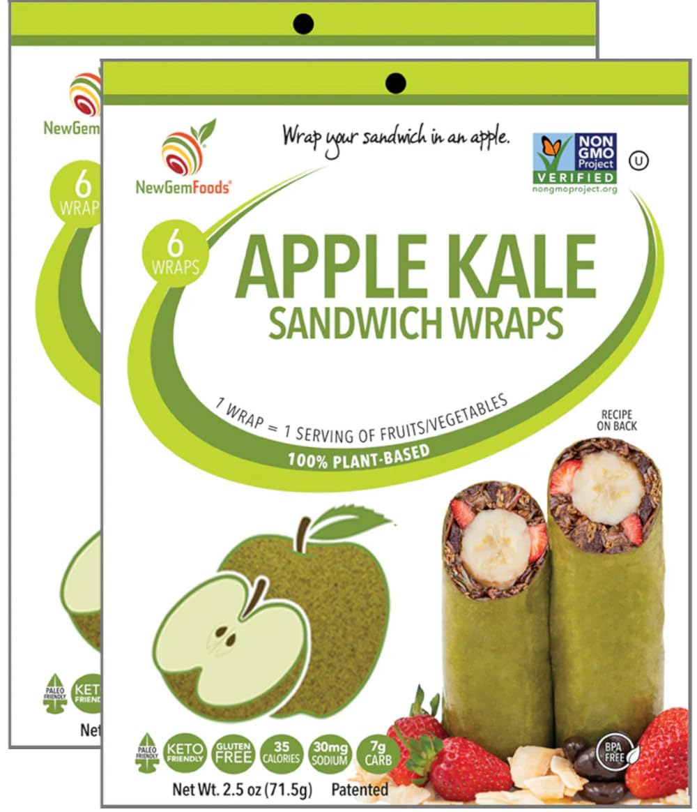 Apple Kale Sandwich Wraps (Two-Pack) - Gluten-Free, Low-Calorie Wraps Made with Real Fruits & Vegetables - Plant-Based, Non-GMO, Vegan, Paleo-Friendly