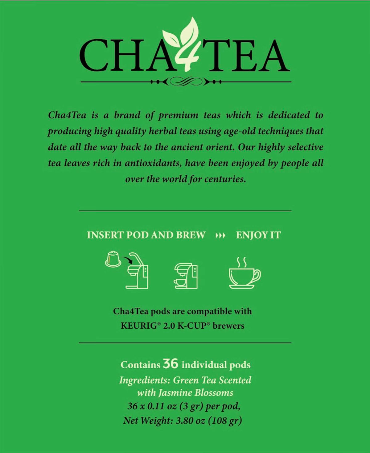 Cha4TEA 36-Count Jasmine Green Tea Pods Compatible with Keurig K-Cups Brewers