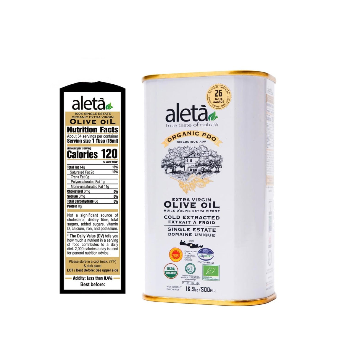 Aleta Farms Olive Oil Extra Virgin, USDA Organic, Single Estate PDO Polyphenol Rich Olive Oil, Cold Pressed, Global Gold Awards, EVOO, Kosher. 16.9 Fl