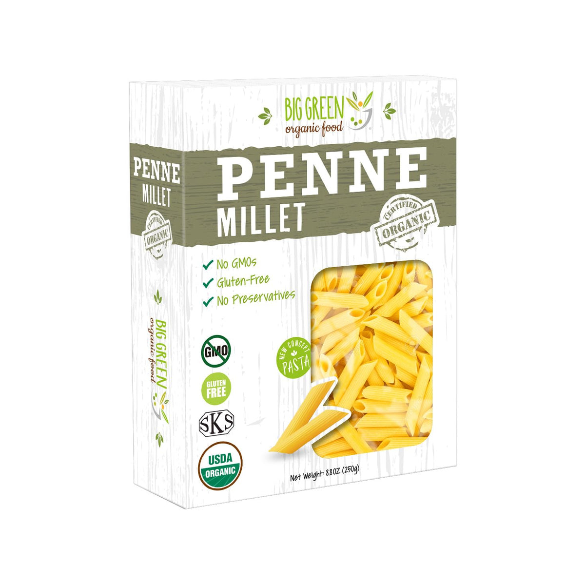 Big Green Organic Food- Organic Millet Penne, Gluten-Free, Lectin-Free, Non-GMO, Vegan, Wheat and Rice Alternative, 8.8oz (12)