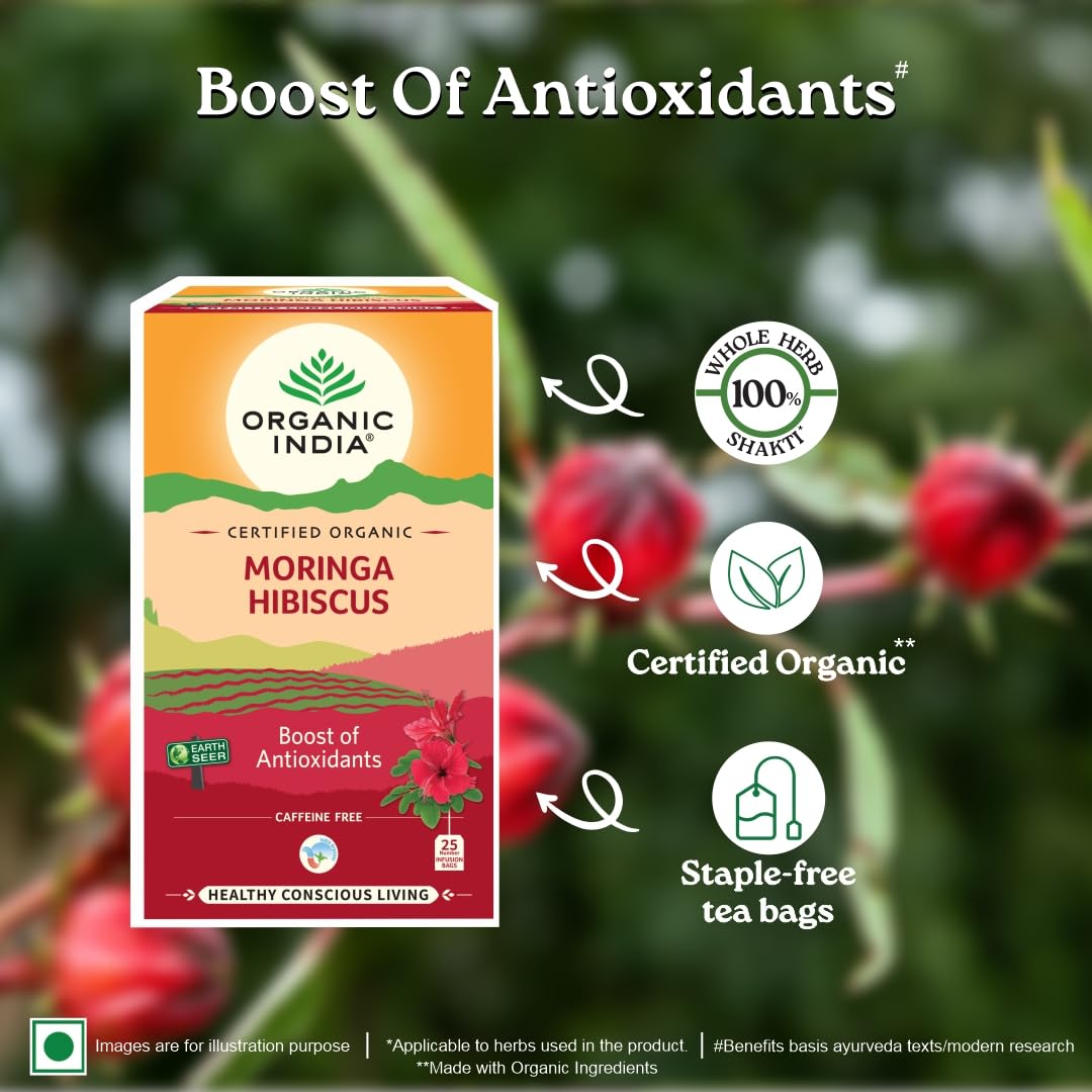 A TATA Product - Organic India Moringa Hibiscus Infusion, 25 Tea Bags, Certified Organic, Antioxidant-Rich, Caffeine-Free, Whole Herb Blend