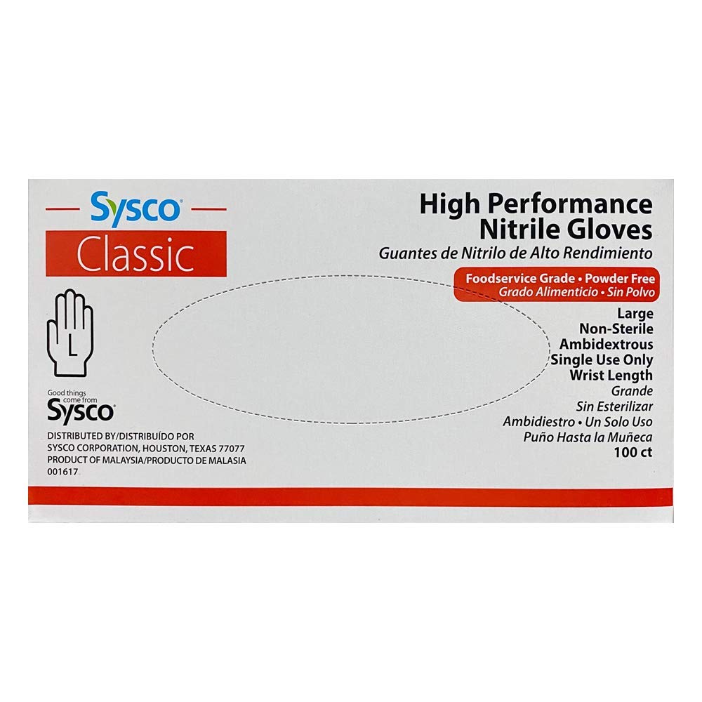 SYSCO HIGH Performance Nitrile Gloves Large Powder Free, Blue, Clear, 100 Count