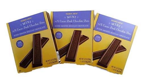 Trader Joe's Mini 70% Cacao Dark Chocolate Bars. Super Smooth Belgian Chocolate. 100 Calories Per Bar. Bundle of 3 Boxes. Each Box Is 3.17 Oz.