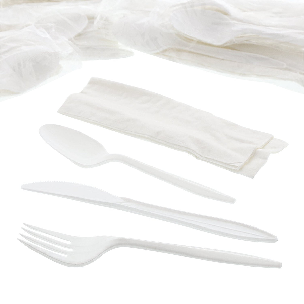 AmerCareRoyal 4-in-1 Disposable Silverware Medium Weight Plastic Utensil Set with Teaspoon, Fork, Knife and 12x13 inch Napkin - Individually Wrapped