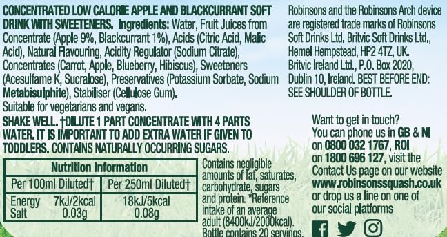 ROBINSONS JUICE APLE BLCKCRRNT SQUASH, 1 LT