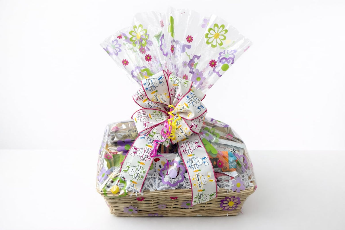 Easter Basket with Chocolate, Candy & Snacks - 16 Inch Tray Easter Wrapped Gift Basket - Spring Holiday Treats for Family, Friends & Coworkers