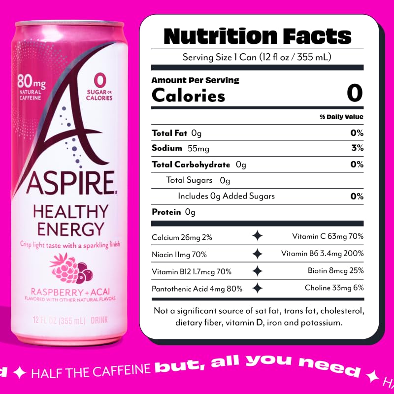 ASPIRE® Raspberry Acai, Healthy Energy Drink 80mg Natural Caffeine, Zero Sugar No Carbs Keto Friendly, 12 Pack Green Tea Sugar Free Drink Low Caffeine