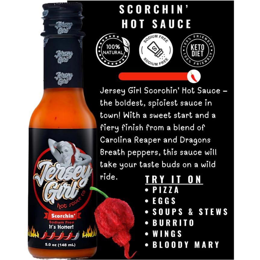 Jersey Girl Hot Sauce Co Scorchin' Hot Sauce - Made with Carolina Reaper & Dragon's Breath Peppers/2 of the Hottest Peppers in the World - All