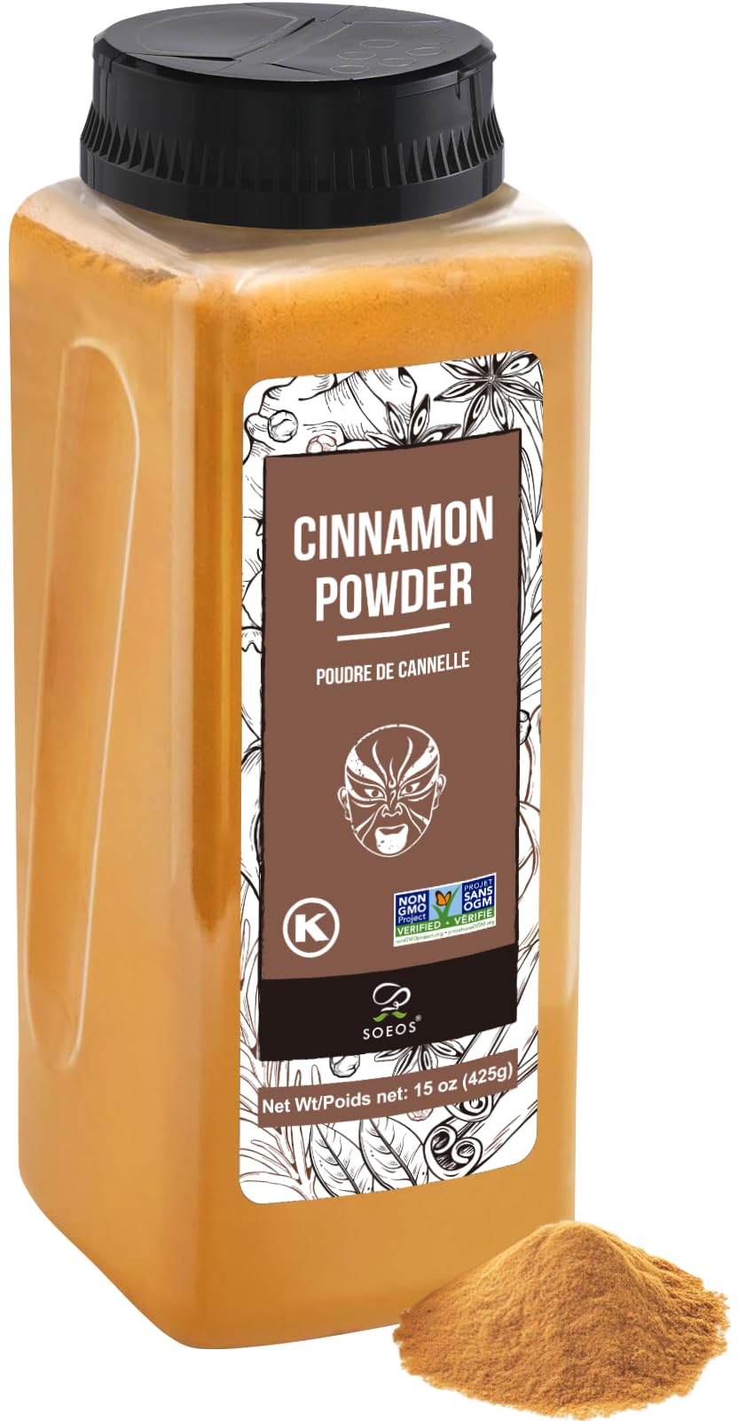 Soeos Cinnamon Powder, 15 oz (425g), Ground Cinnamon, 100% Raw, Non-GMO, Kosher Certified, Seasoning Spice for Coffee, Baking, Cooking and Beverages