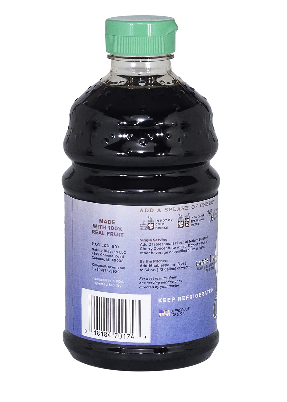 Nature Blessed 100% Pure Tart Cherry Concentrate - 2 Quarts (Two 32oz Bottles), Refreshing by itself or in Smoothie, All Natural, No added Sugar or