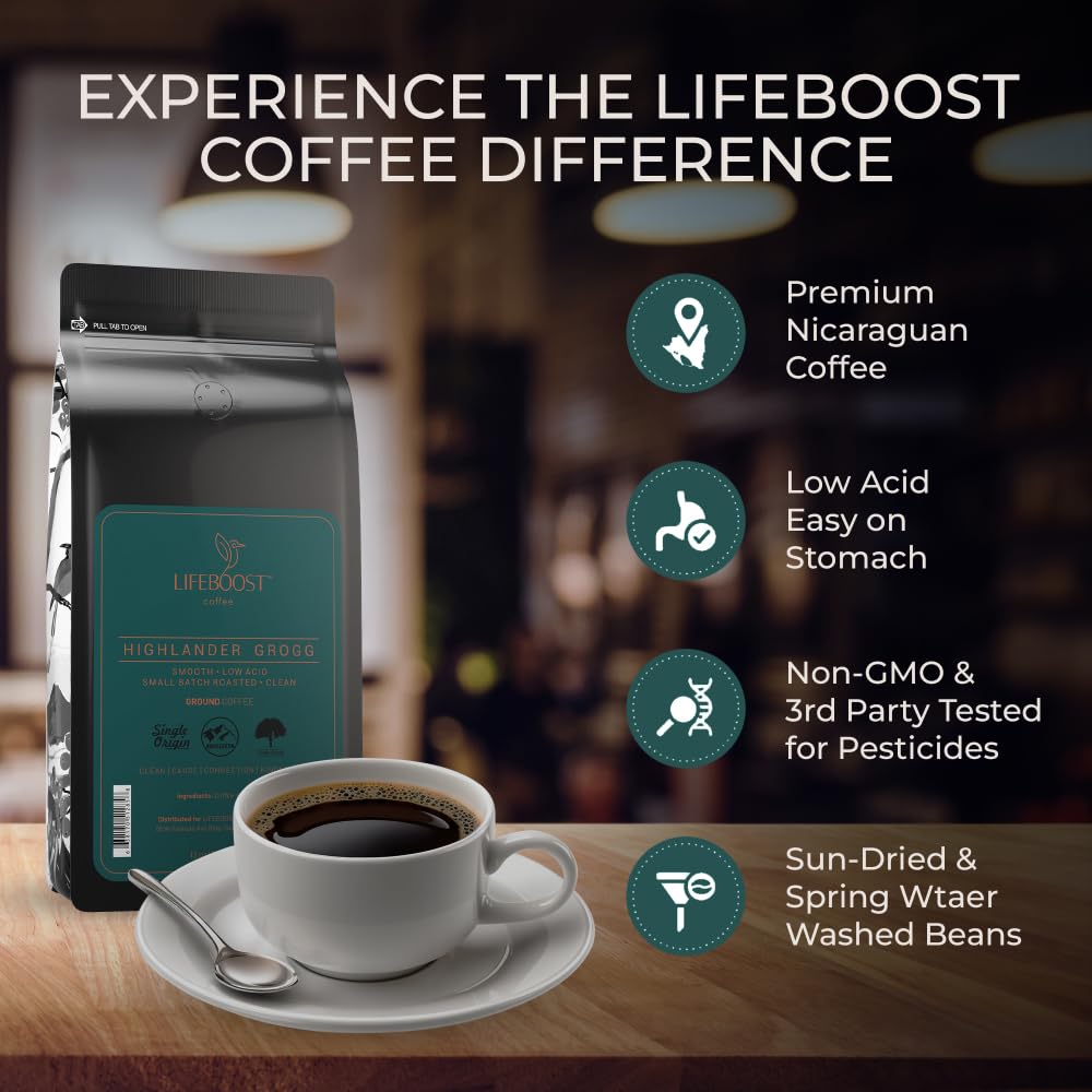 Lifeboost Highlander Grogg Coffee Ground - Low Acid Single Origin Flavored Coffee - Non-GMO Highlander Grogg Ground Coffee Third Party Tested