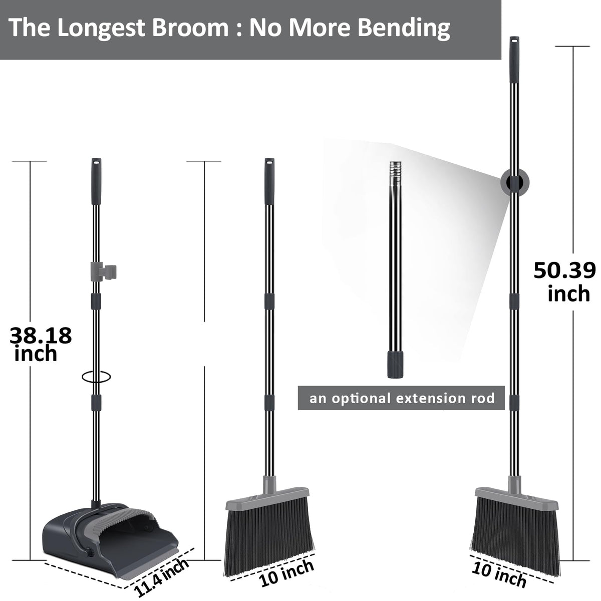 kelamayi Broom and Dustpan Set for Home, Office, Indoor&Outdoor Sweeping, Stand Up Broom and Dustpan (Black&Gray)