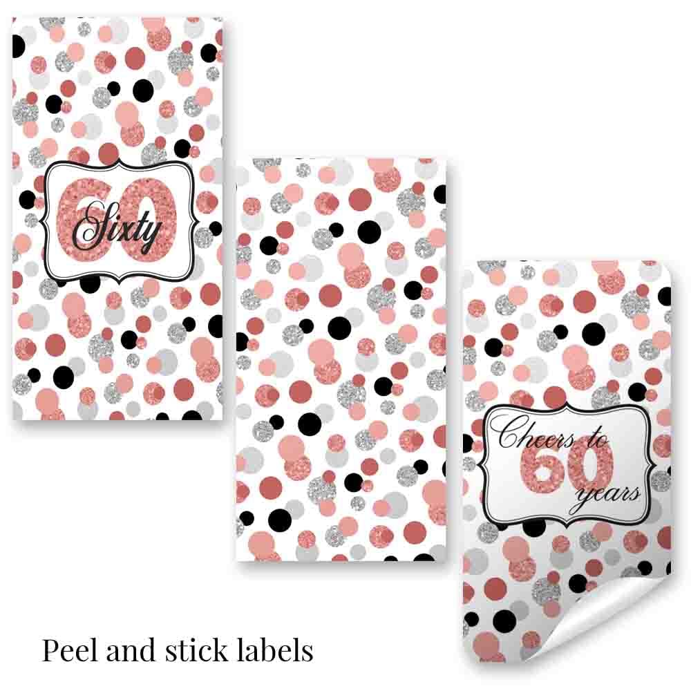 Amanda Creation Confetti Rose Gold Polka Dot 60th Birthday Party Mini Chocolate Candy Bar Sticker Wrappers, 45 1.4" x 2.6" Wrap Around Labels, Great