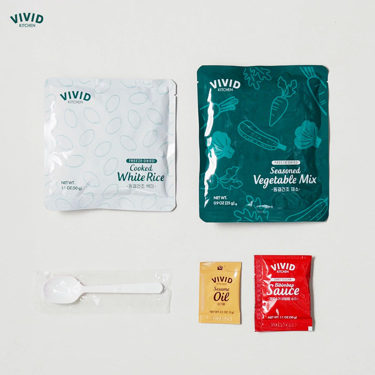 VIVID KITCHEN Freeze-Dried Bibimbap with Zero Sugar Sauce - Plant-Based Korean Meal - 3-Minute Microwave Bibimbap with 8 Vegetables - Lightweight