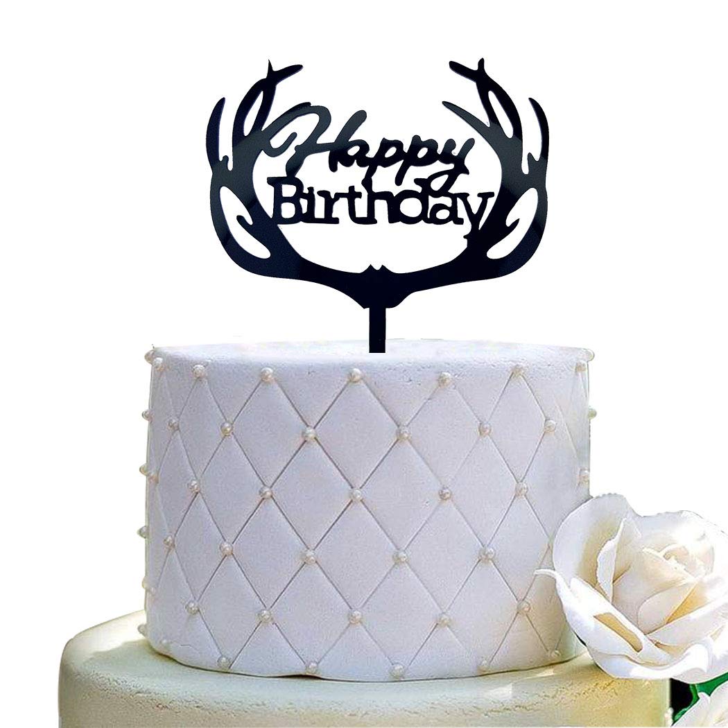 Antlers Happy Birthday Cake Topper Party Decorations (Black Acrylic)