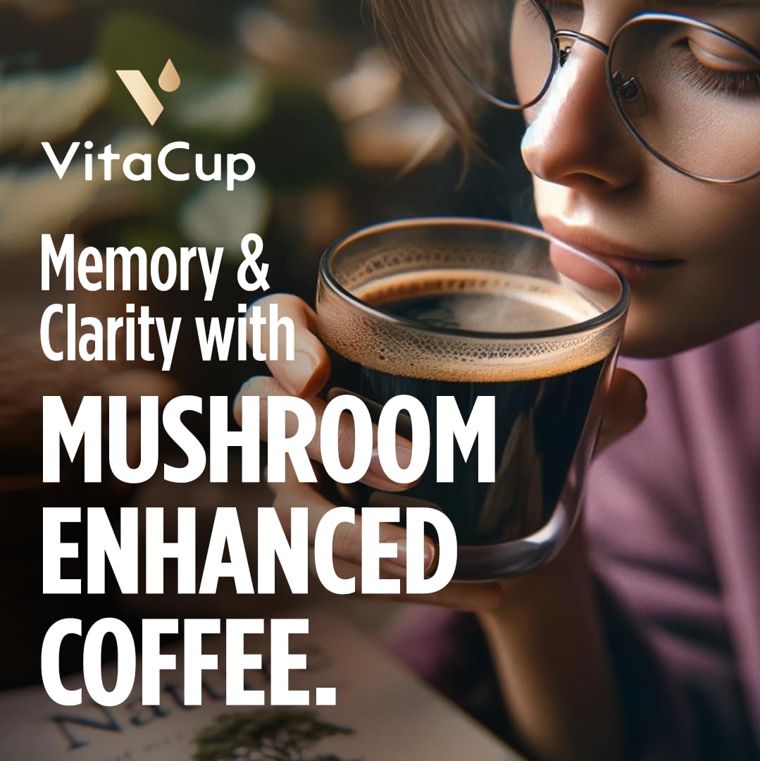 VitaCup Mushroom Coffee Grounds, with Lions Mane, Chaga, B Vitamins, D3, Boost Focus, Immunity, Memory & Clarity, Medium Dark Roast, Bold & Smooth