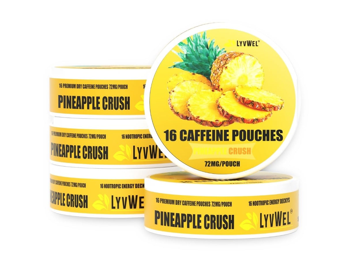 LyvWel 72mg Caffeine Energy Pouches - Pineapple Crush - Clean Tropical Energy with Guarana - 5-Pack (80 Total Pouches)