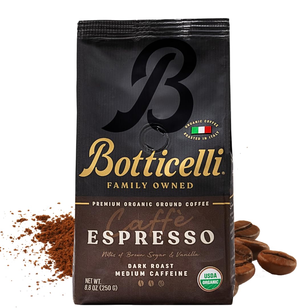 Botticelli Espresso Blend Ground CoffeeUSDA Organic, Medium Caffeine, Dark Roast 8.8oz