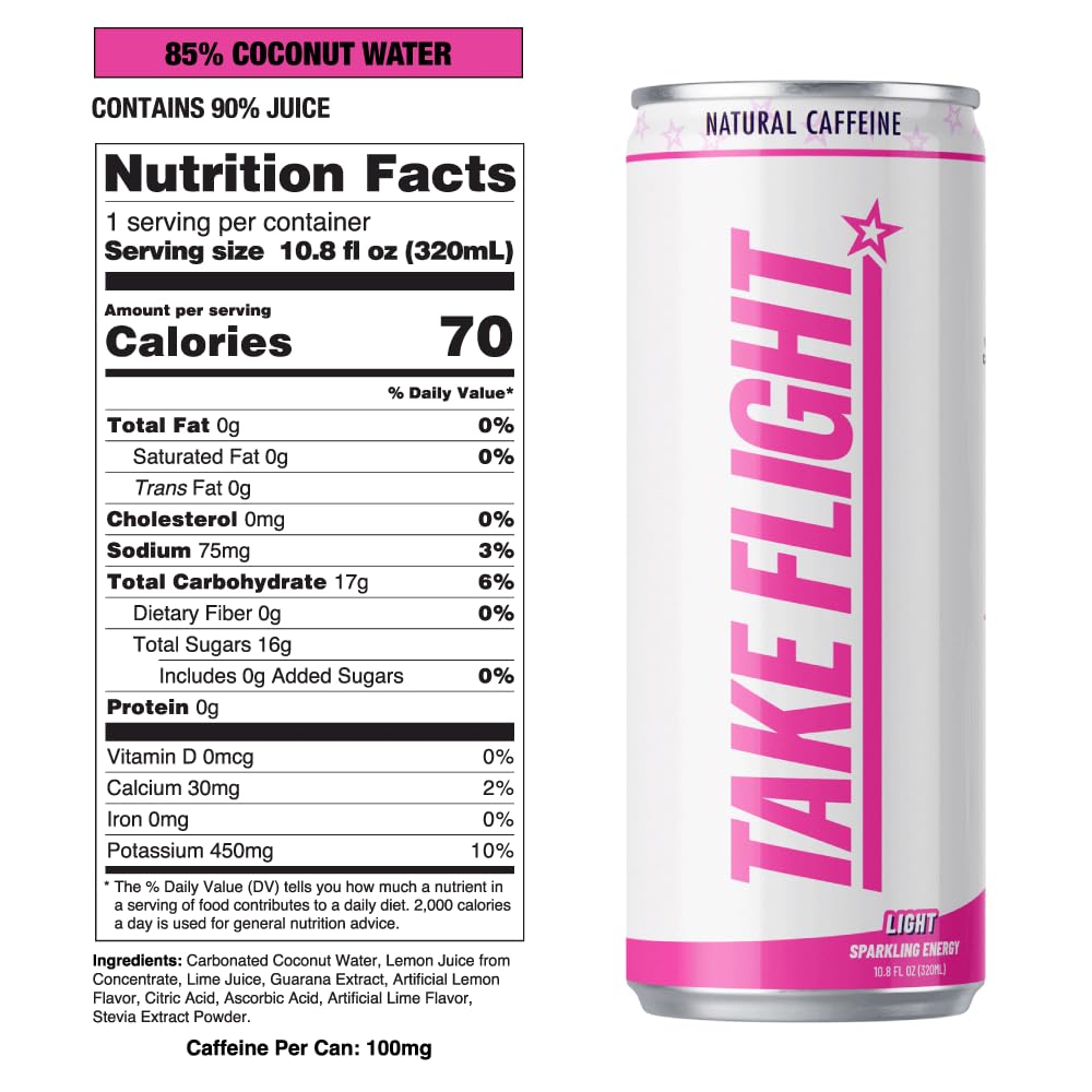 TAKE FLIGHT ENERGY, Natural Juices, Guarana, Focus & Hydration (LIGHT 100MG CAFFEINE, SINGLE CAN)