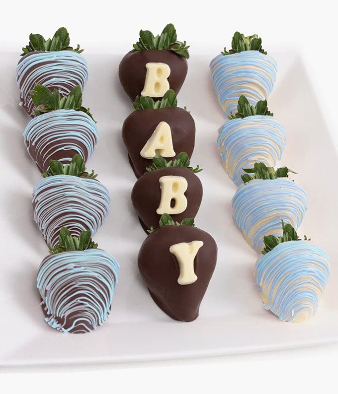From You Flowers Baby Boy Belgian Chocolate Covered Strawberries - 12 Fresh Dipped Berries with Blue Decoration for Baby Shower & New Baby