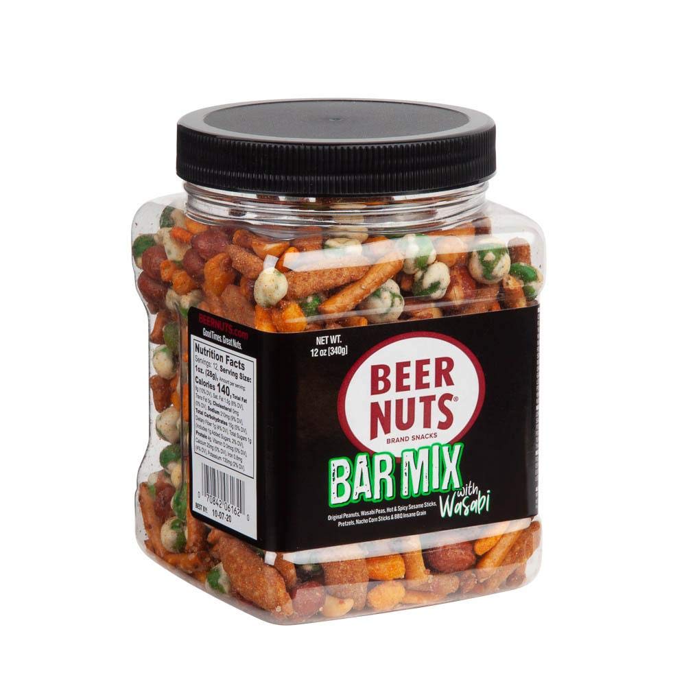 BEER NUTS Bar Mix w/Wasabi - Pretzels, Cheese Stix, Sesame Stix, Insane Grain & Wasabi Peas - 12oz Resealable Jar (Pack of 1)