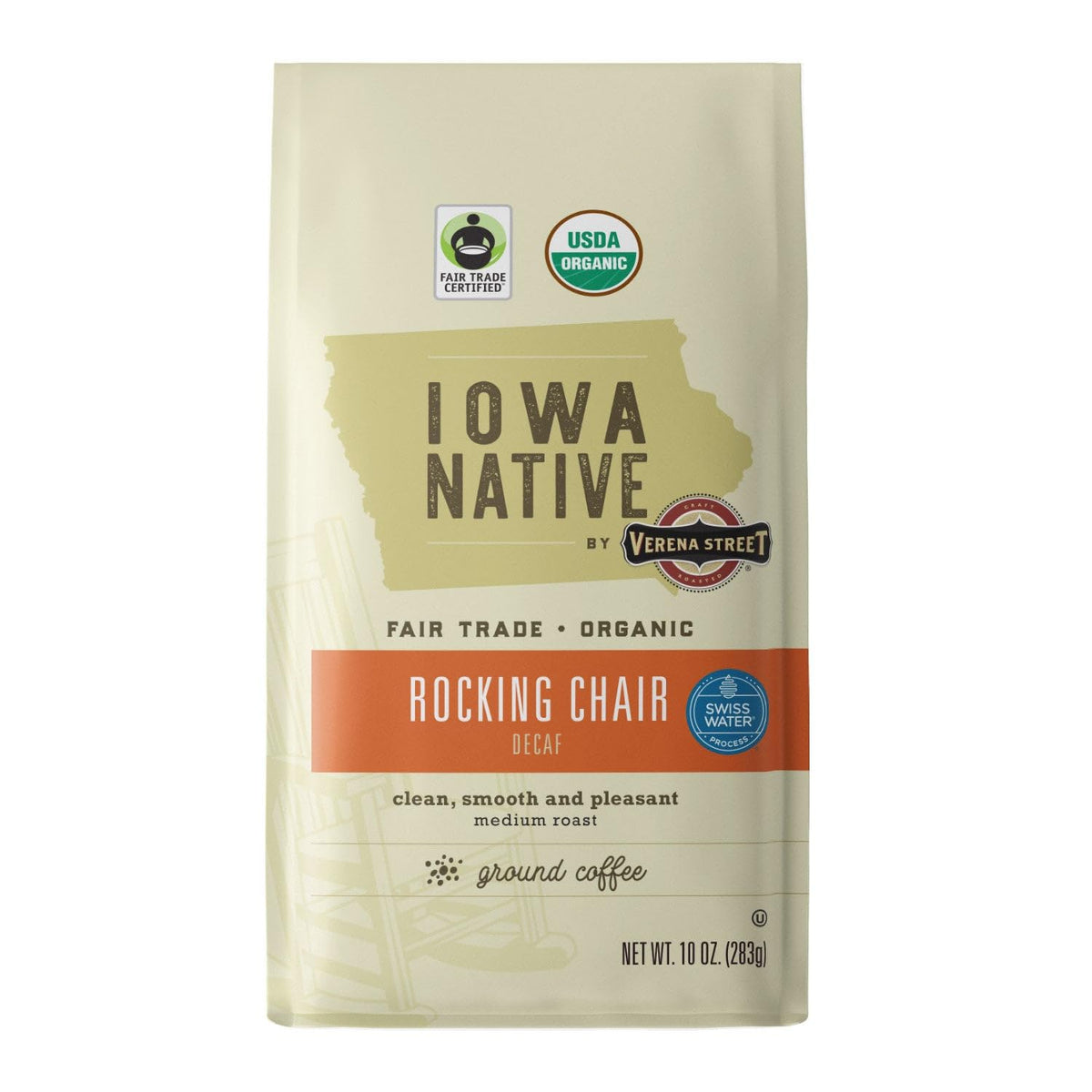Iowa Native Fair Trade Organic 10 Ounce Ground, Rocking Chair Decaf, Swiss Water Process Decaf Coffee, Medium Roast