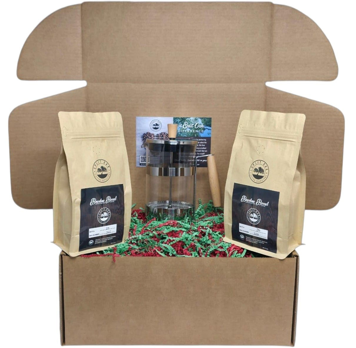 Gift Set for men and women with 2 Pack Organic Bourbon Barrel Aged Whole Beans Roasted Coffee + 1 French Press.