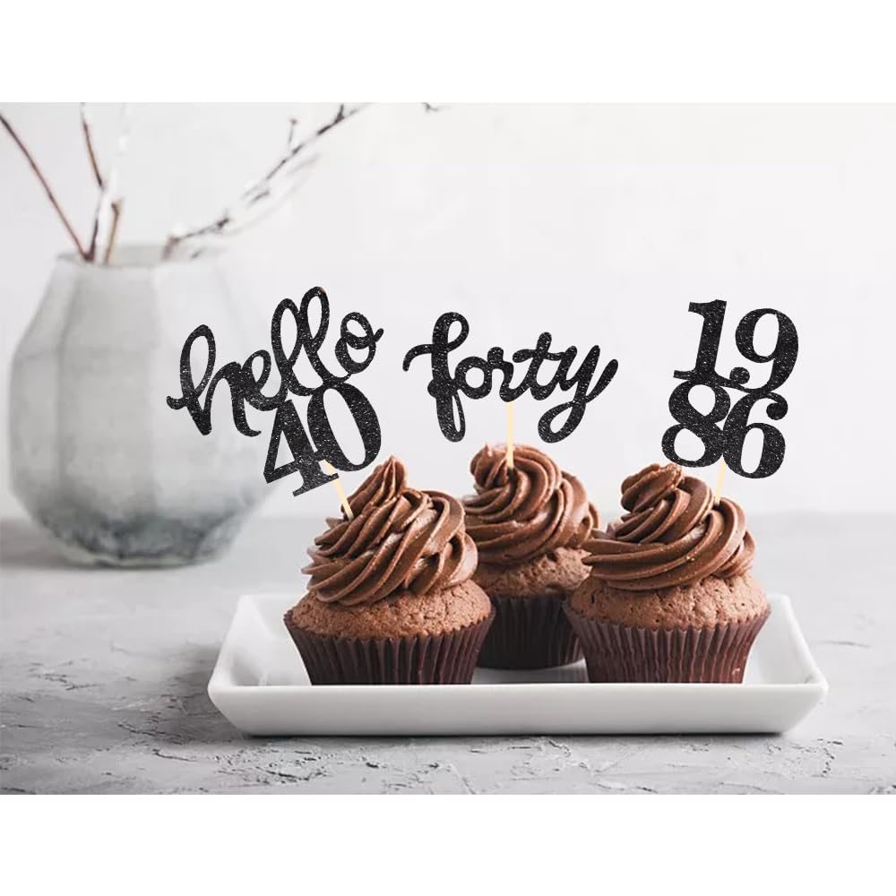 Black Glitter 40th Birthday Cupcake Toppers 40th Birthday Celebrating Party Decorations - Set of 24