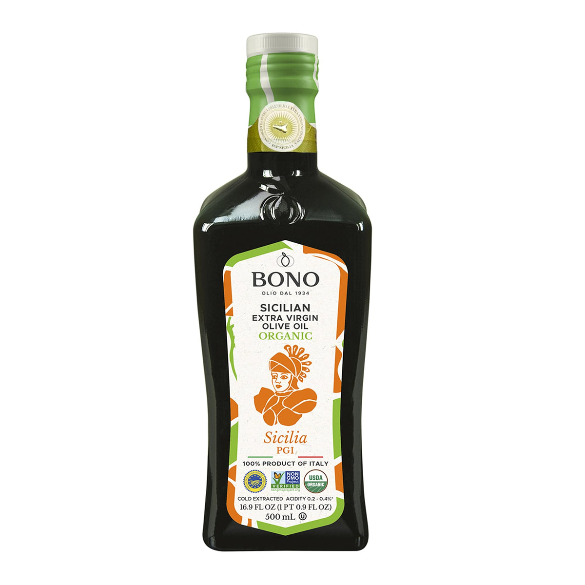 Bono Sicilian Extra Virgin Olive Oil | Organic | Sicilia PGI | 100% Italian Extra Virgin Olive Oil, 16.9 oz