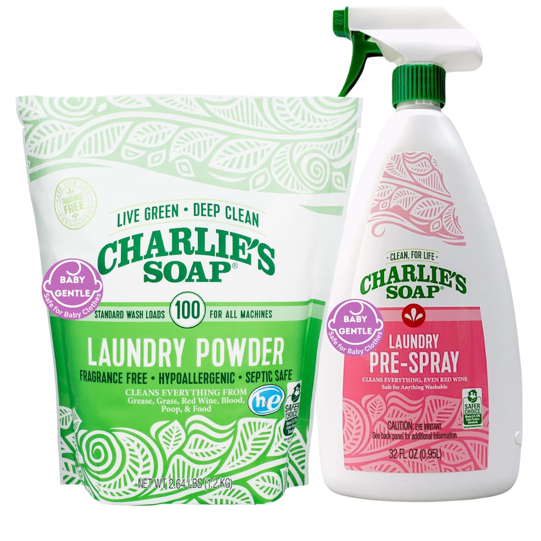 Charlie’s Soap Baby Variety Pack Pre Spray 32 Oz, Laundry Powder (100 Load), Bundle (Pack of 2)