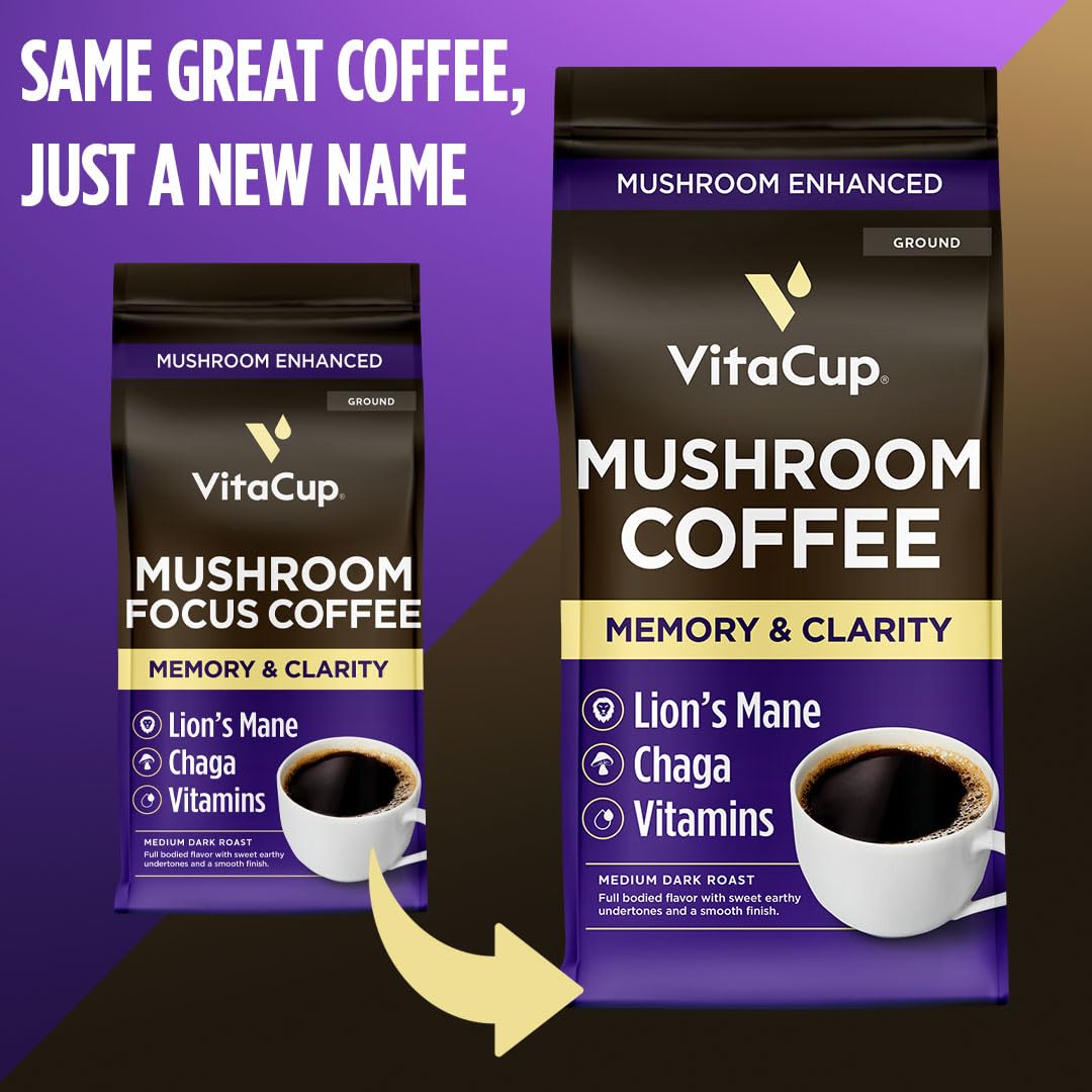 VitaCup Mushroom Coffee Grounds, with Lions Mane, Chaga, B Vitamins, D3, Boost Focus, Immunity, Memory & Clarity, Medium Dark Roast, Bold & Smooth