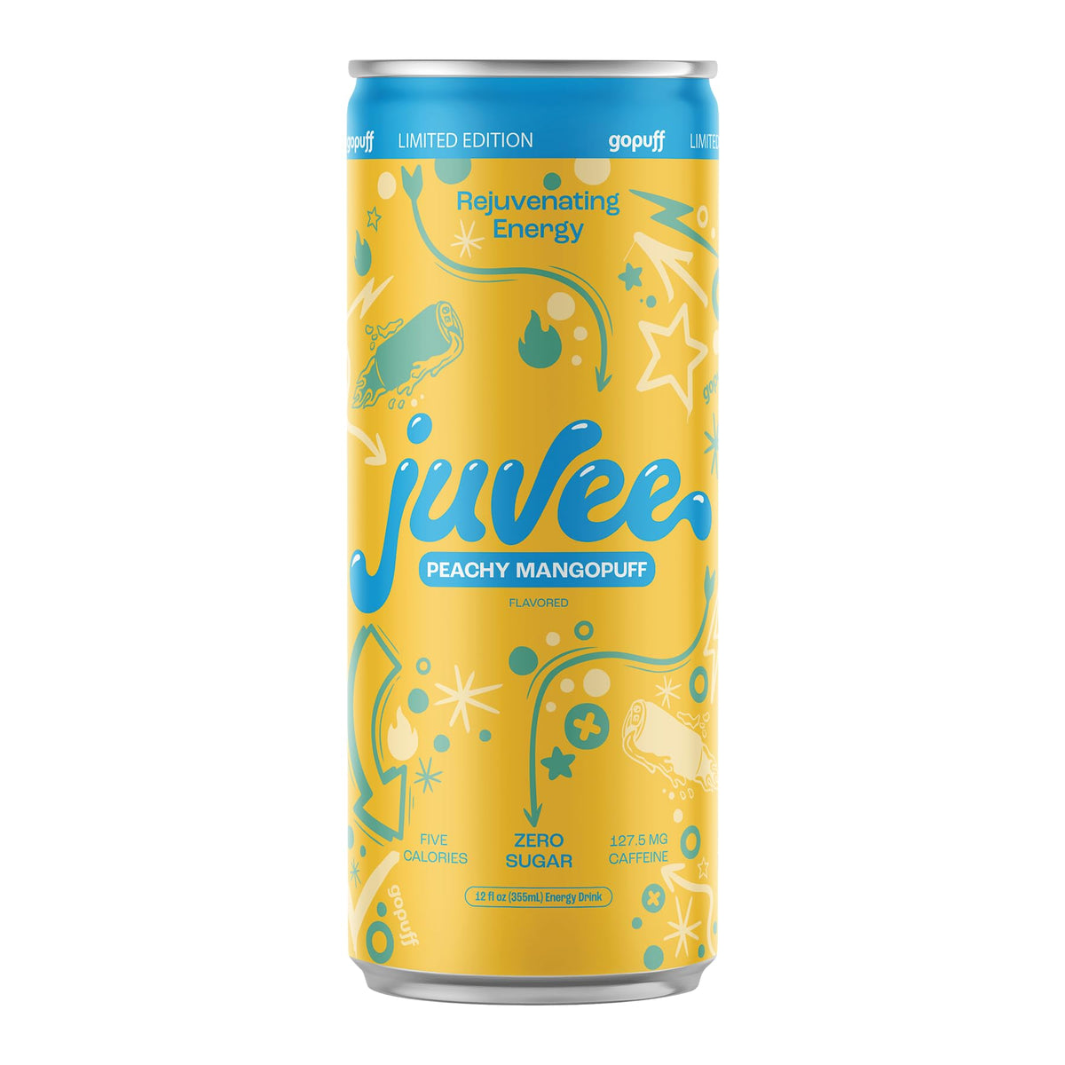 Juvee Rejuvenating Energy Drink - Sugar Free Peachy Mangopuff Flavor, 12 oz Cans (12-Pack) - 127.5mg Caffeine, Zero Sugar, Low Calorie, Clean Energy
