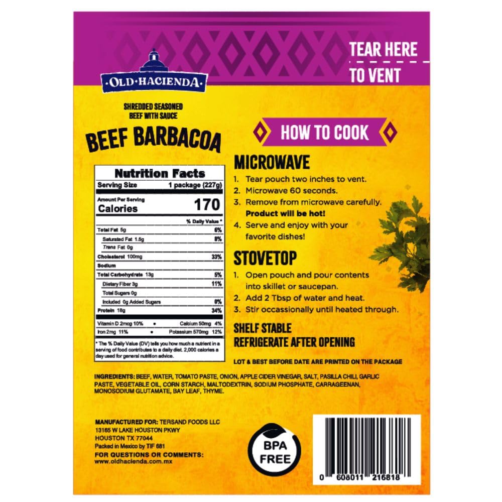 Old Hacienda Beef Barbacoa | 100% Shredded Seasoned Beef with Sauce | Fully Cooked & Ready to Eat | 18g Protein | No Preservatives, Artificial Flavors
