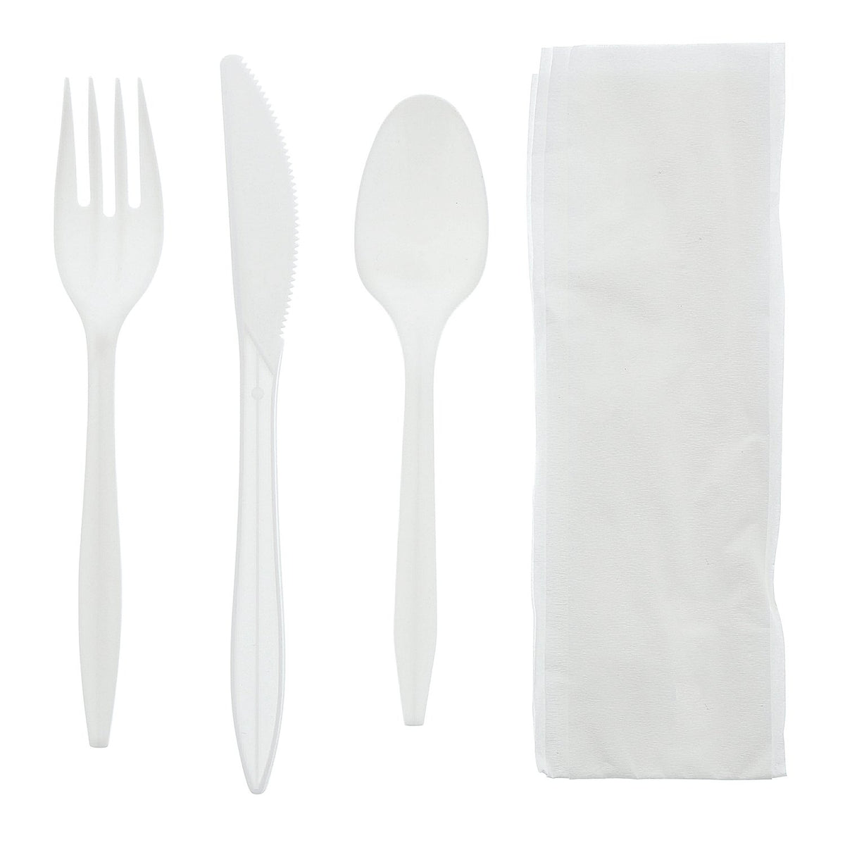 AmerCareRoyal 4-in-1 Disposable Silverware Medium Weight Plastic Utensil Set with Teaspoon, Fork, Knife and 12x13 inch Napkin - Individually Wrapped