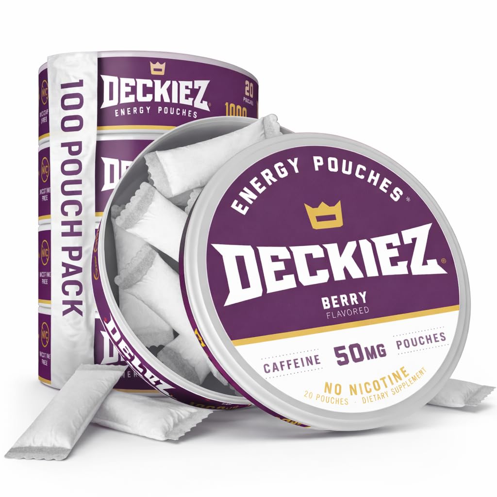 Deckiez Energy Pouches, 5 Cans (100 Pouches), Sugar Free Caffeine Supplement, Coffee Pouches & Energy Drink Alternative, 50mg Caffeine Pouches, Berry