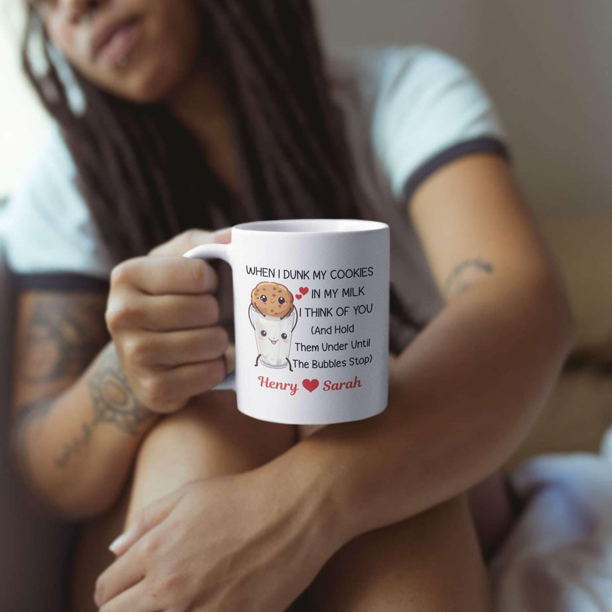 Personalized Cookies & Milk Tea Cup Gift For Engaged Couple - Customized Choose Name Couple Coffee Cup - When I Dunk My Cookies In Milk I Think Of You