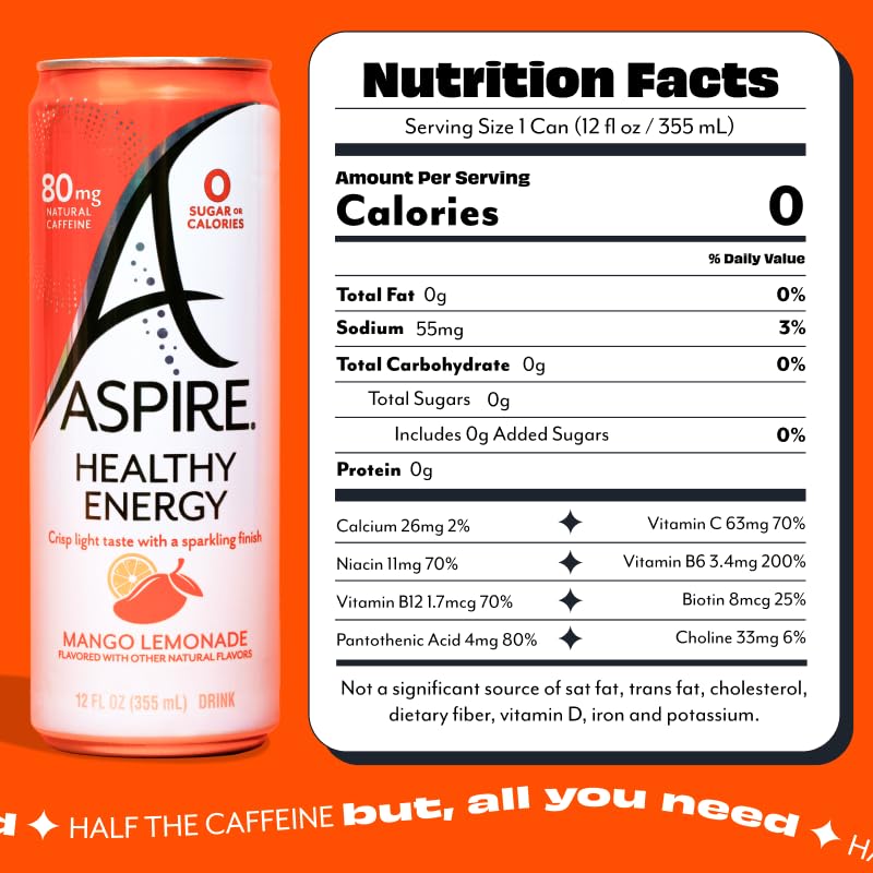 ASPIRE® Mango Lemonade, Healthy Energy Drink 80mg Natural Caffeine, Zero Sugar No Carbs Keto Friendly, 12 Pack Green Tea Sugar Free Drink Low Caffeine