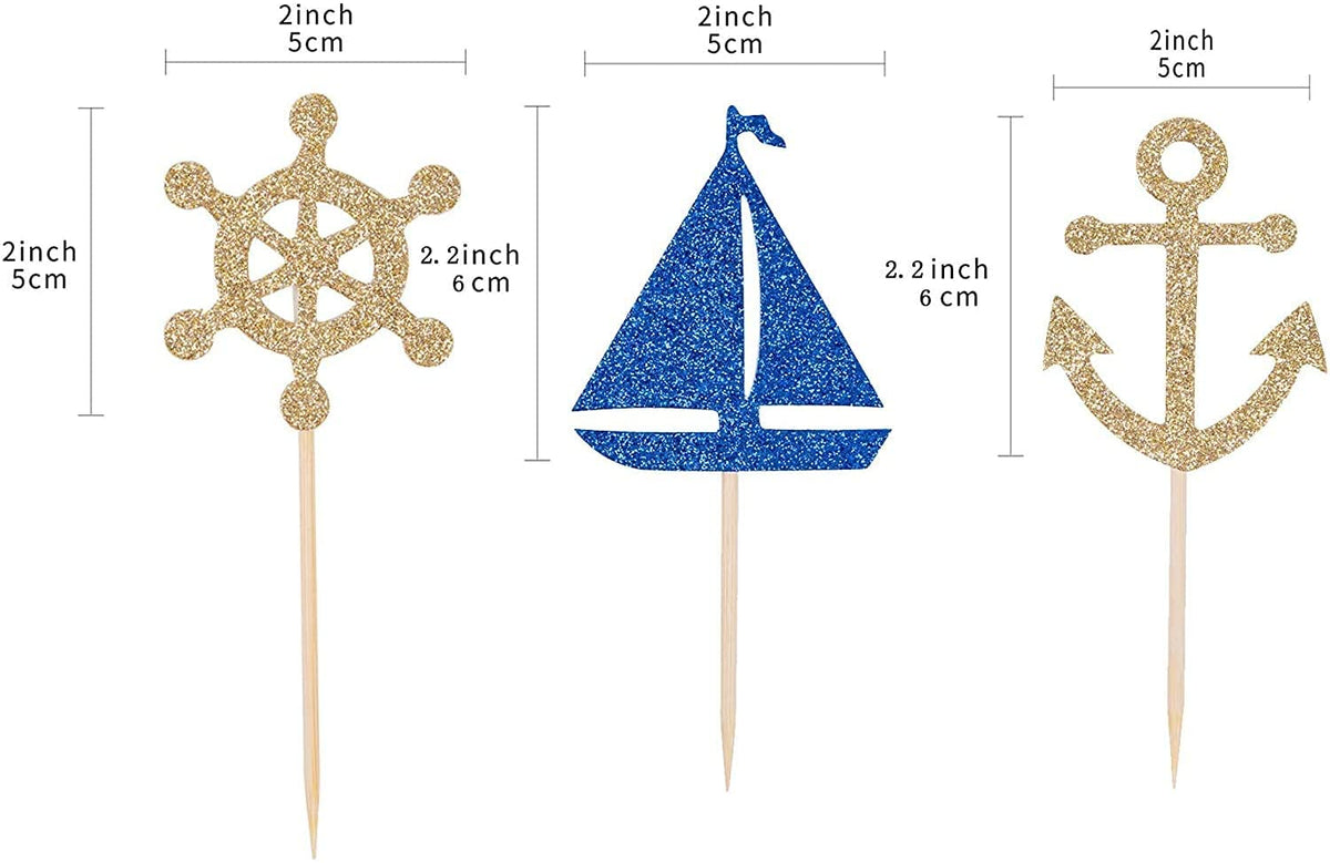 24 Pcs Nautical Theme Glitter Cupcake Picks Cupcake Toppers Food Fruit Picks for Decoration Party Favors