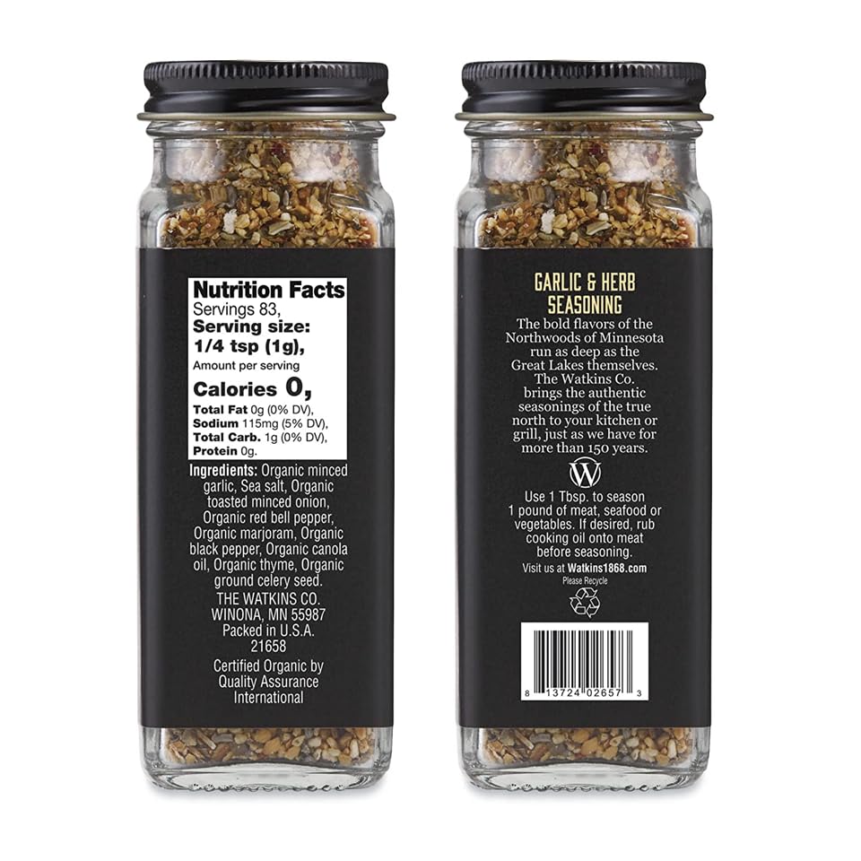 Watkins Organic Grilling Garlic & Herb Seasoning, Non-GMO, Kosher, 2.9 Oz, 1-Pack