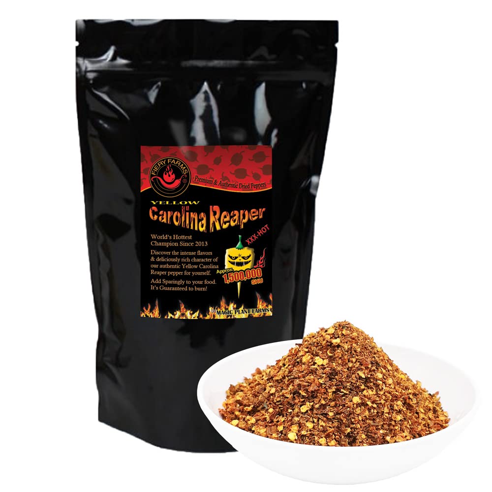 Atomic Rainbow Reaper Pepper Flakes Set by Magic Plant - Carolina Reaper Chili Flakes (2oz each): Red - Fruity 3X Pain, Yellow - Fruity Citrus 2X