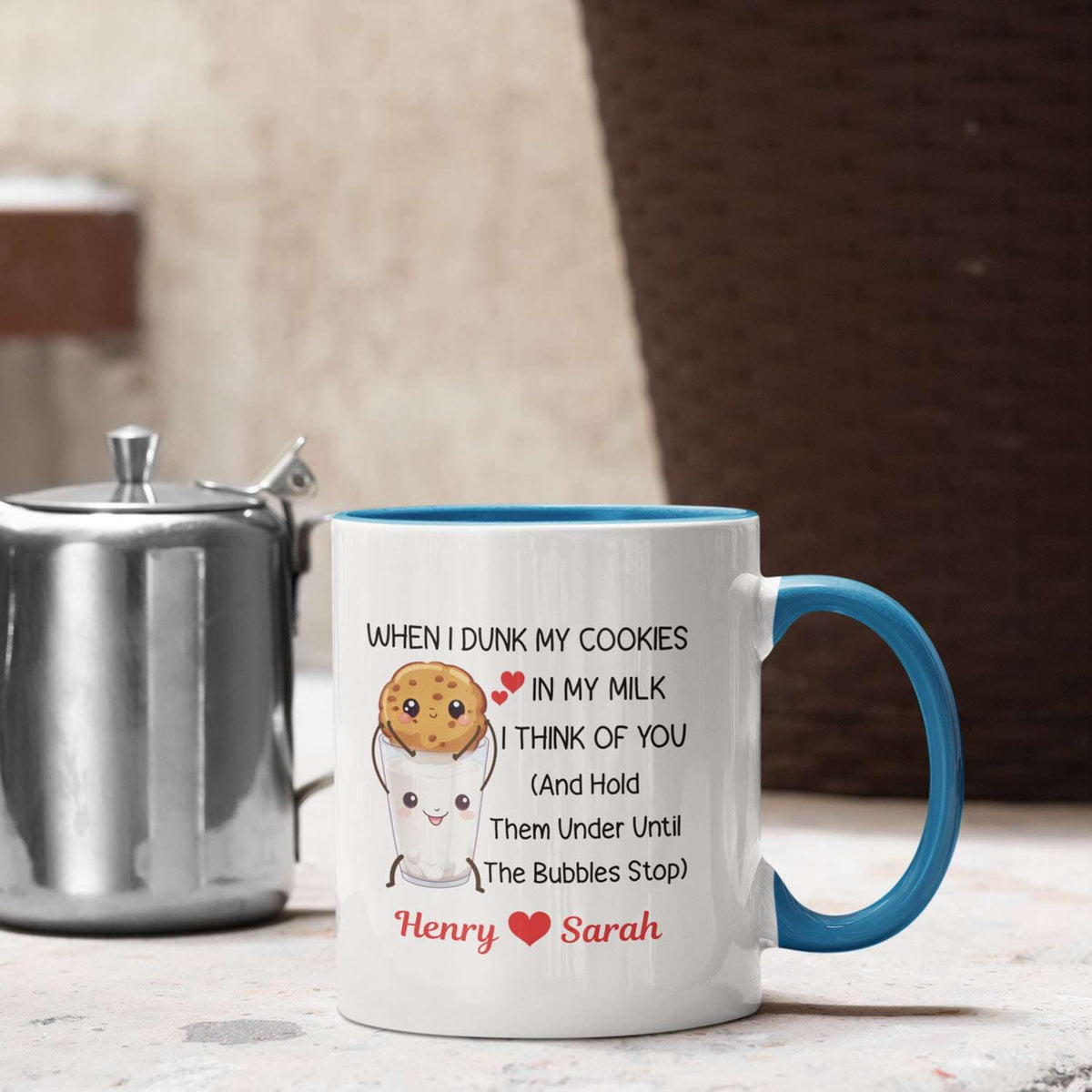 Personalized Cookies & Milk Tea Cup Gift For Engaged Couple - Customized Choose Name Couple Coffee Cup - When I Dunk My Cookies In Milk I Think Of You